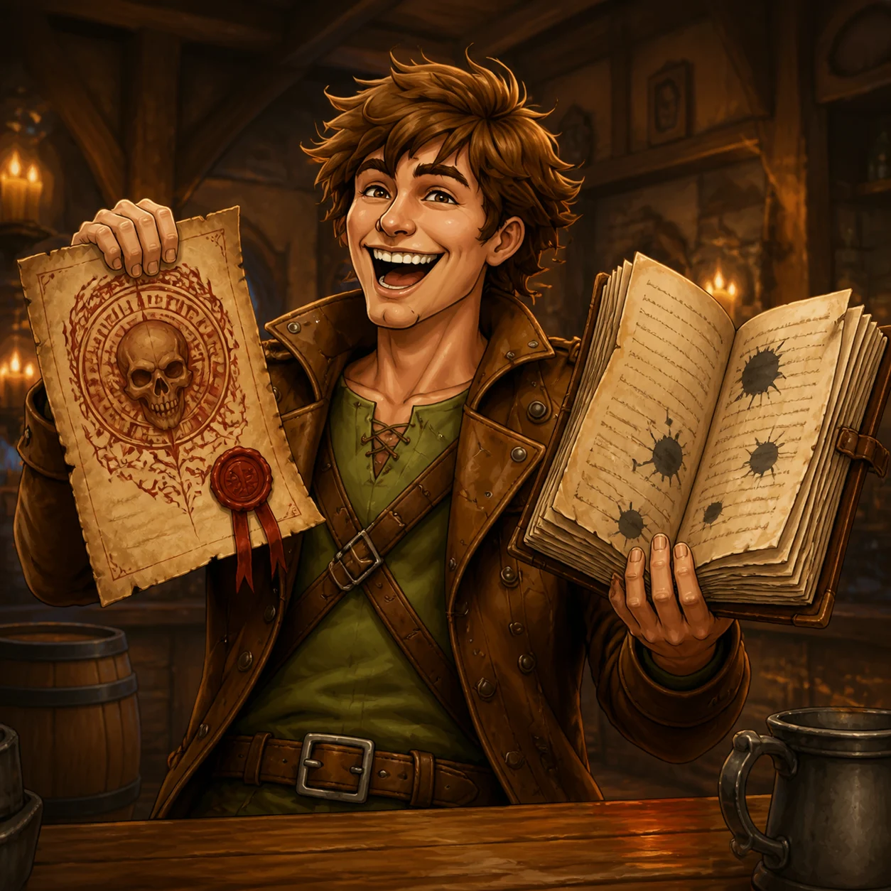 Dante grinning with a necromantic contract and a badly stained ledger