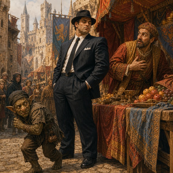 Sal standing beside a merchant stall while a goblin pickpocket retreats