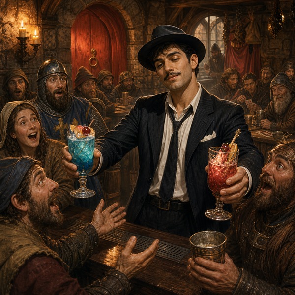 Paulie serving vivid cocktails to astonished medieval tavern patrons