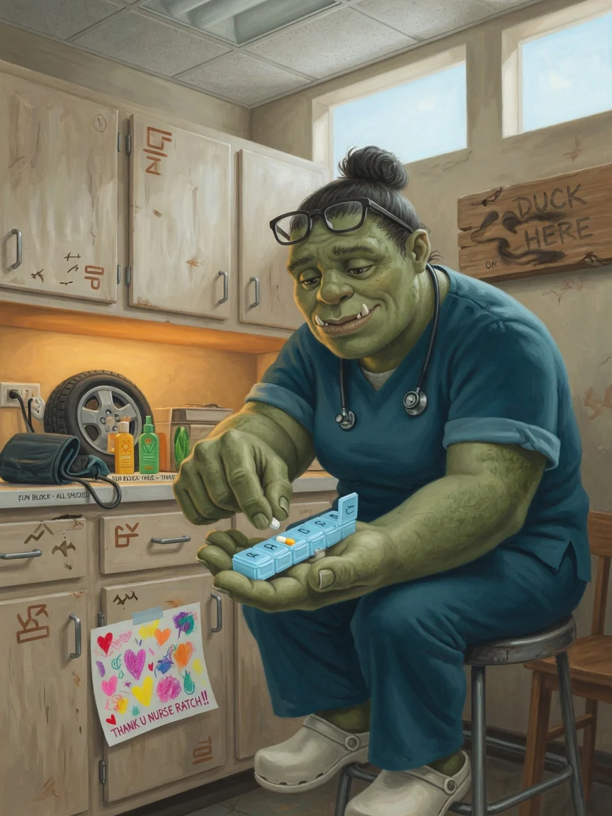 Nurse Ratchford, a gentle sage-green ogre in teal scrubs, organizing medication